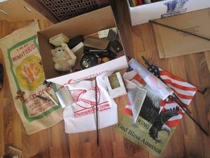 lot 144 image: Vintage Seed Corn bag, metal flask,...