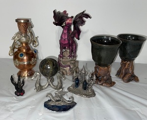 lot 7 image: Fantasy Dragon Figurines, Crystal Ball Stand, Goblets, and Decorative Collectibles Set