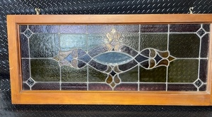 lot 23 image: Framed Stained Glass Window Panel with Decorative Design, 47x19 Inches