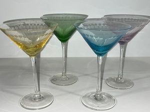 lot 55 image: Set of 4 Colored Etched Martini Glasses