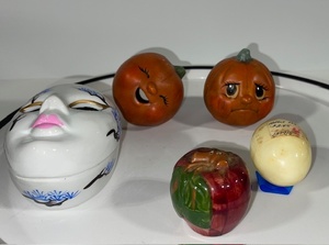 lot 57 image: Collection of 5 Decorative Figurines - Mask Trinket Box, Pumpkins, Marble Egg, and Apple
