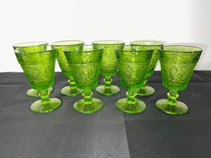 lot A-61 image: Set of 8 Green Depression  Embossed Glass Goblets
