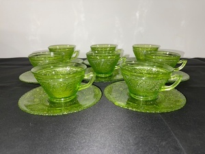 lot A-65 image: Set of 8 Vintage Green Depression  Glass Teacups with Saucers