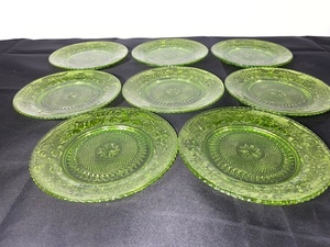 lot A-66 image: Set of 8 Vintage Green Depression Glass Plates with Floral Pattern