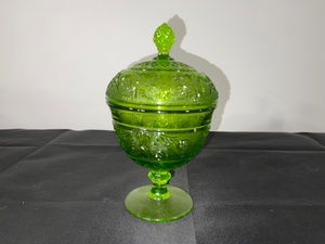 lot A-67 image: Green Pressed Glass Lidded Compote Dish with Pedestal, 8 Inch Tall