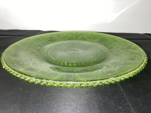 lot A-69 image: Vintage Green Uranium Glass Plate with Floral Pattern, 14 Inch