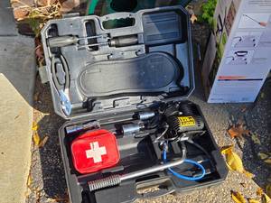 lot 378 image: Hand Tools - Air Compressor, Lug Wrench, First Aid Kit, Hand Tools with Case