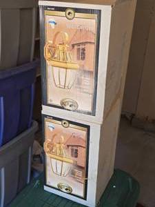 lot 408 image: Lot of (2) Hampton Bay Outdoor Hanging Wall Lantern Fixtures (in original packaging)
