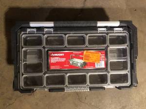 lot 36 image: Husky Connect Stackable Portable Cantilever 22 Removable Compartment Small Tool and Parts Organizer With Steel Handle Customer Returns See Pictures