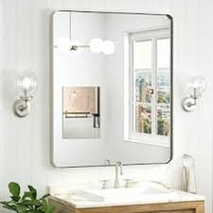 lot 50 image: KeonJinn 36 in. W x 36 in. H Modern Rectangular Brushed Nickel Bathroom Mirrors Aluminum Framed Wall Bathroom Vanity Mirror  Customer Returns See Pictures
