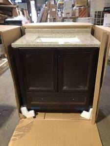 lot 1 image: Glacier Bay Delridge 31 in. Single Sink Chocolate Bath Vanity with Caramel Cultured Marble Top (Assembled) Broken Customer Returns See Pictures