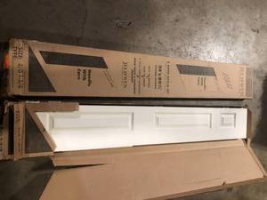 lot 59 image: Lot of CALHOME 24 in. x 84 in. 6Panel Primed White MDF Hollow Core Composite Bi-Fold Barn Door with Sliding Hardware Kit One Unit has Damage  Customer Returns See Pictures