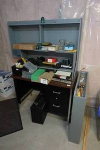 lot 98 image: Office Desk with Wall Shelves and Content - Vintage Camera, Tools