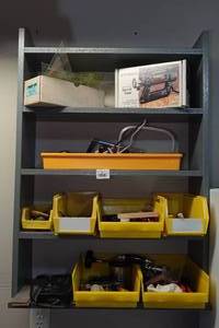 lot 76 image: Wall Shelf with Contents - Spiral Saw, Vise Grips, Chassis Punch Set