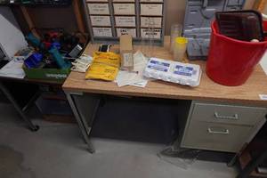 lot 94 image: Desk and Side Table with Contents - Power Tools, Circular Saw, Glue Sticks