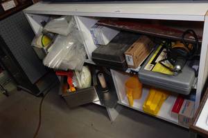 lot 96 image: Shelf with Contents - Power Tools, Concrete Finishing, Sheeting