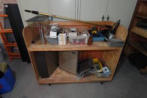 lot 131 image: Wood Rolling Shelf with Contents - Tools, Vintage Akai Speakers