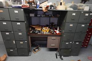 lot 122 image: Desk with Cabinets and Contents - Camera Parts, Pocket Watches, Tools