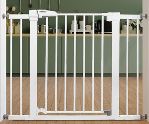 lot 107 image: Babelio Baby Gate for Doorways and Stairs, 26-40 Auto Close DogPuppy Gate, Easy Install, Pressure Mounted, No Drilling, fits for Narrow and Wide Doorways, Safety Gate wDoor for Child and Pets White