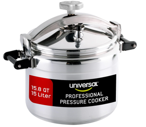 lot 14 image: Universal (Large) 15.8-Quart15L Aluminum Pressure Cooker for Professional Use  Commercial-Grade, 1 Safety Valve, Reinforced Handles, Easy-Open Lid,  Ideal for Large Kitchens, and Restaurants