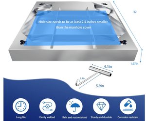 lot 19 image: Domart 32x32 inch Stainless Steel Invisible Manhole Cover, Square Recessed Septic Tank Cover with Lifting Hook and Frame, for PavementDriveway