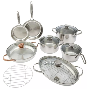 lot 352 image: Wolfgang Puck 14-piece Stainless Steel Cookware Set (USED, 1 Pot Replaced With Different Color)