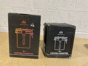 lot 134 image: LOT OF 2 Coffee canister set for ground coffee with Date Tracker Travel Coffee jar,Stainless Steel Kitchen Food Airtight storage container for Coffee Beans or Grounds,Tea,Sugar (22oz and 16 oz