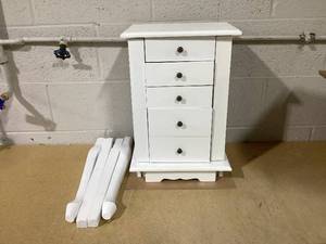 lot 396 image: Standing Jewelry Armoire Cabinet, Wooden Jewelry Storage Chest Box with Flip Up Mirror, 2 Side Doors with 8 Necklace Hooks, 4 Drawers, Jewelry Storage Organizer for Girls Women (White)