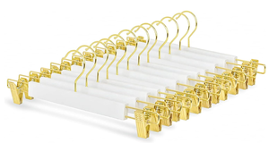 lot 132 image: Amber Home 24 Pack 14.17 Solid White Wooden Pant Skirt Hangers with Gold Hook, Bottom Hangers for Slacks Trousers Jeans with 2-Adjustable Gold Clips (White, 24 Pack)