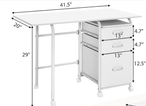 lot 87 image: Tangkula White Folding Desk with 3 Drawers, Mobile Home Office Desk Study Writing Desk with Smooth Wheels, Space Saving Compact Table for Dorm Apartment, Rolling Couch Desk Table