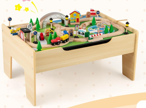 lot 91 image: KOTEK Train Table, 78-Piece Wooden Toy Activity Playset wReversible Top, Tracks, Vehicles, Bridge, Fishpond, City Themed Train Set Table for Toddlers 3, Gift for Boys Girls