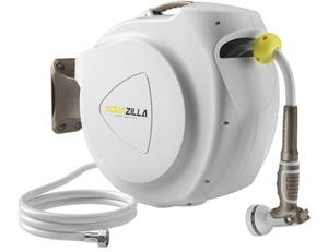 lot 258 image: Retractable Garden Hose Reel, 12 in 75ft, Heavy Duty Wall Mounted Water Hose Reel, Spring power Automatic Rewind, Any Length Lock, 180° Swivel Bracket, 10 Pattern Spray Nozzle