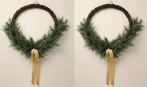 lot 280 image: LOT OF 2 Hearth & Hand with Magnolia 26 Artificial Cedar Wreath wBells & Ribbon