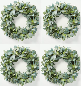 lot 282 image: LOT OF 4 Hearth & Hand 24 Faux Mixed Eucalyptus Wreaths - Hearth & Hand with Magnolia IndoorOutdoor, Unlit, Wall Decor