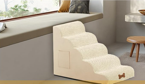 lot 407 image: POCBLUE Dog Stairs for Small Dogs, Wide Pet Step with Removable Cover, No Assembly High Density Foam Cat Ramp for Bed or Sofa, 3-Step, Beige