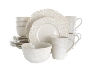 lot 378 image: Elama 16-Piece Luna Embossed Scalloped White Stoneware Dinnerware Set (Service for 4)