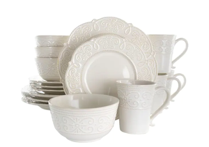 lot 392 image: Elama 16-Piece Luna Embossed Scalloped White Stoneware Dinnerware Set (Service for 4)