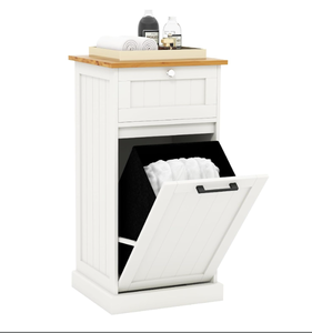 lot 187 image: Giantex Tilt Out Laundry Hamper Cabinet, Bathroom Storage Cabinet with Drawer, Removable Laundry Basket, Bamboo Countertop, 10 Gallon Hidden Wood Laundry Cabinet (White)