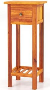 lot 188 image: Giantex Narrow End Table with Drawer, Tall Acacia Wood Side Table with Bottom Shelf, Modern Bedside Tables