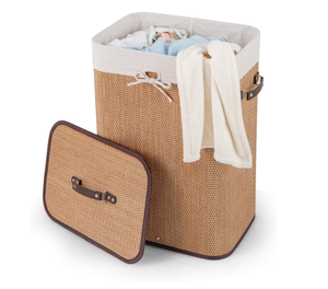 lot 446 image: Byroce Bamboo Laundry Basket, Collapsible Laundry Hamper with Lid, Removable Liner & Handles, Dirty Clothes Toys Storage Bin for Laundry Room, Bedroom, Bathroom (Bamboo)