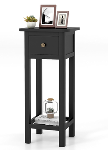 lot 450 image: Giantex Narrow End Table with Drawer, Tall Acacia Wood Side Table with Bottom Shelf, Modern Bedside Tables, 2-Tier Nightstand for Small Spaces Bedroom Living Room, No Assemble Required, Black