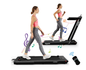 lot 457 image: Costway - Up To 7.5MPH 2.25HP 2 in 1 Single Display Screen Treadmill Remote Control W APP Control Speaker - Black