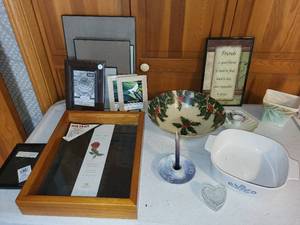 lot 25K image: Assorted Home Decor and Collectibles Lot Including Frames, Dishes, and Candle Holders