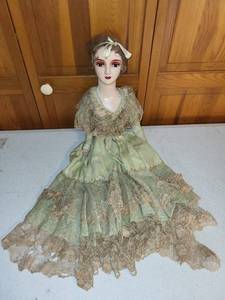 lot 36K image: Vintage Boudoir Doll with Painted Face and Green Lace Dress