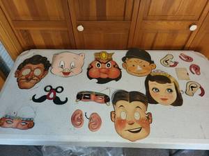 lot 41K image: Collection of Vintage Paper and Cardboard Halloween Masks with Accessories