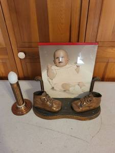 lot 44K image: Vintage Baby Shoe Bronze Bookends, Art Deco Vintage 1940s Childs Battery Flashlight, and 1959 Baby Photograph