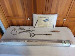 lot 48K image: Vintage Lot Embroidery Roller Shade, Miracle Ironing Board Cover, and Wire Kitchen Utensils