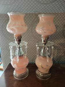 lot 49K image: Pair of Vintage Pink Glass Table Lamps with Crystal Prisms
