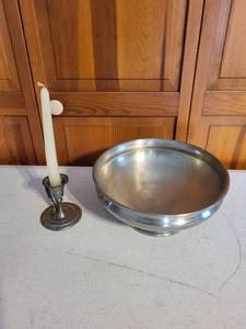 lot 57K image: Set of 3 Vintage Metal Decor Items - Pewter Bowl, Candlestick with Candle, and Wrought Iron Basket