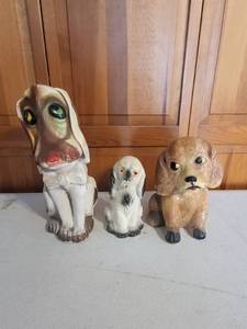 lot 61K image: Set of 2 Vintage Chalkware Dog Figurines and 1 Cement Cocker Spaniel Figurine